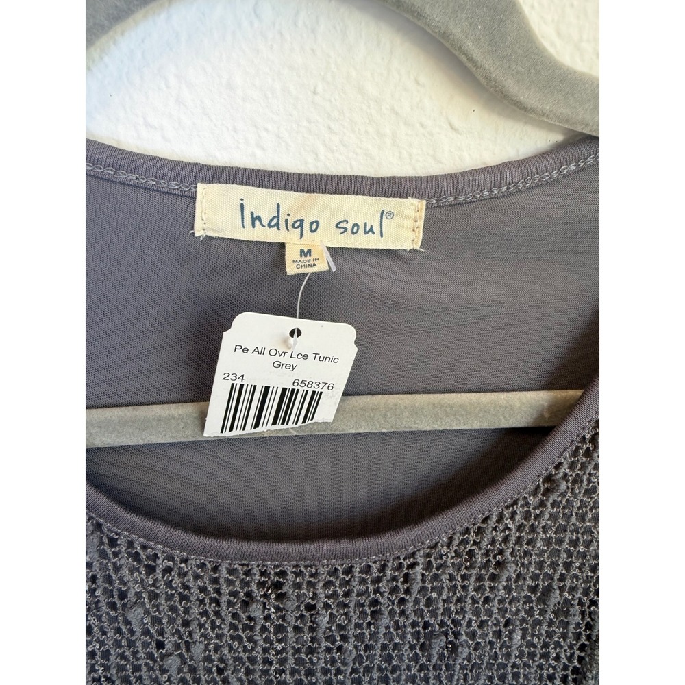 Indigo Soul Gray Lace Tunic Blouse Womens Medium Sheer Sleeve Boho Peasant - Picture 5 of 7
